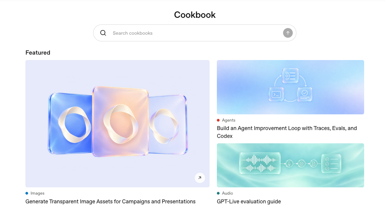 OpenAI Cookbook 首页展示图片、Agents 和 Audio 等开发者实践内容